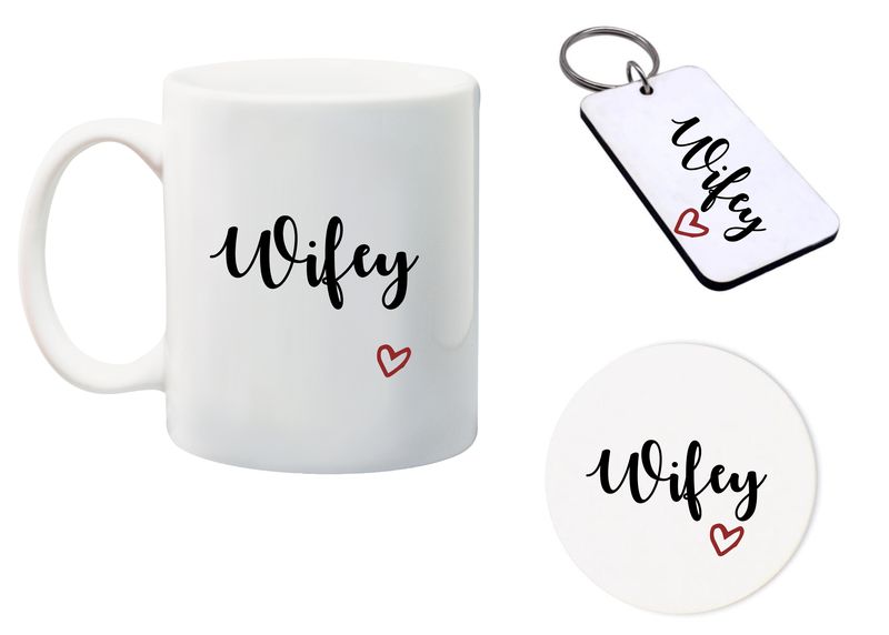 Wifey Mug, Glass Coaster and Matching keyring gift Combo