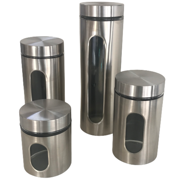 4 Piece Canister Set Stainless Steel With Oval Window