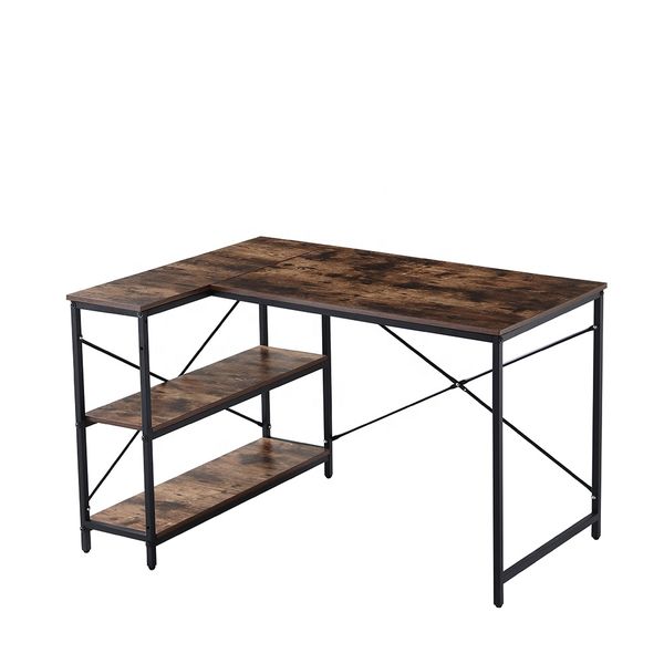 L-Shaped Corner Computer Desk with Storage Shelves, Wood Workstation -Brown