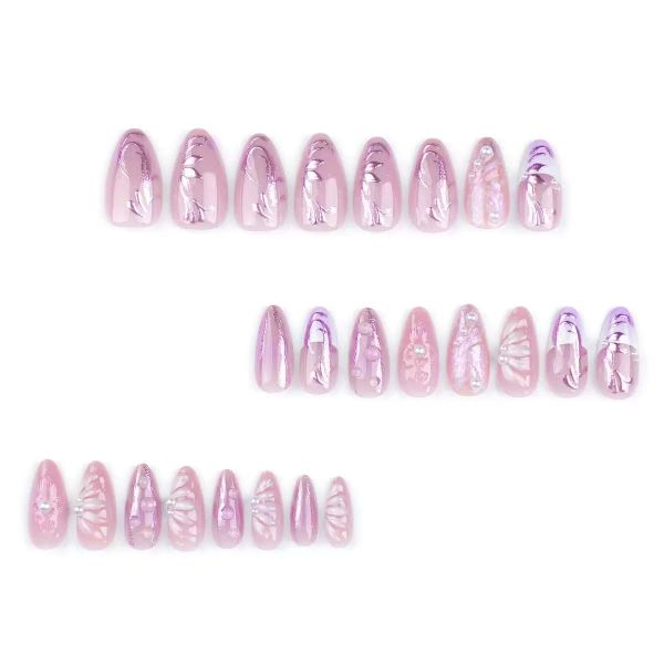 Pink Flower Press On Nails Almond False Nails With 3D Shell Pearls Designs