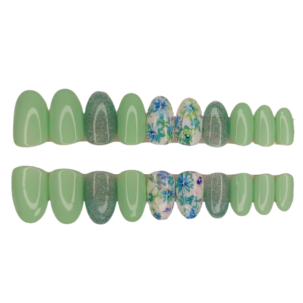 Luxury Press On Nails - Short Oval Green &amp; Floral Set - 20 Piece