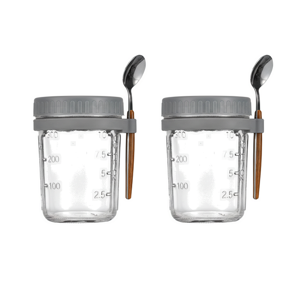 2 Pack Glass Cup With Silicone Spoon 400ML - Grey