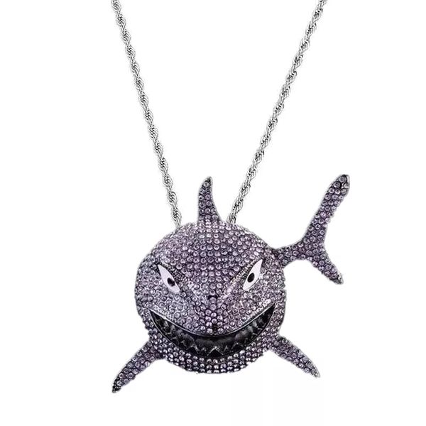 Men Iced Out Purple Shark Pendant Necklace