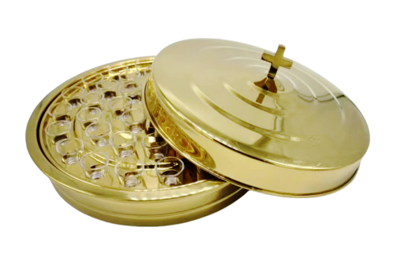 Holy Communion Tray Set With 40 Holes Cups and Lid Included - Gold