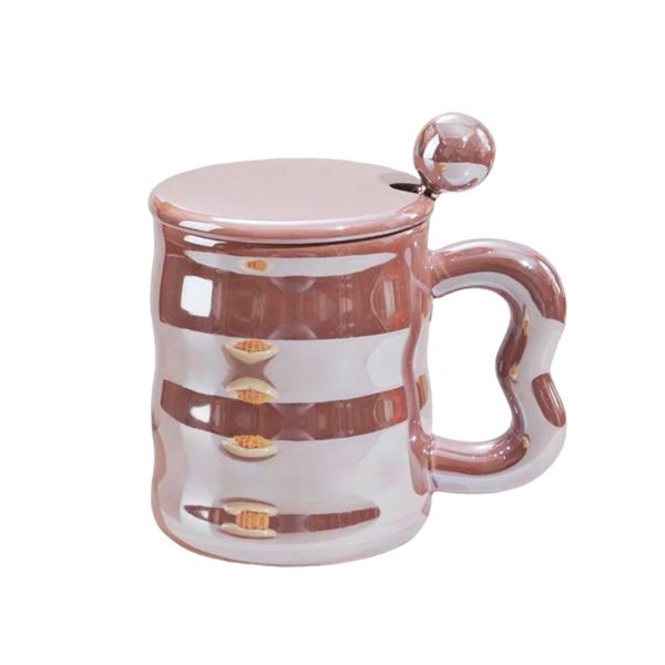 350ML Creative Pearl Glazed Ceramic Mug with Lid &amp; Spoon Trendy Water Cup