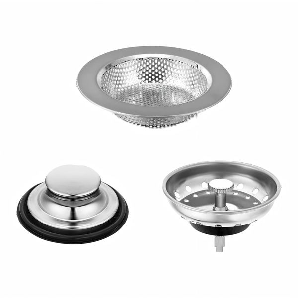 90mm Silver Stainless Steel 3 in 1 Kitchen Sink Strainer Drain Stopper Set