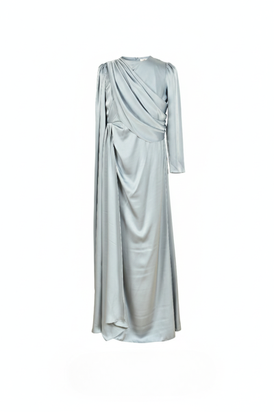 Sky Blue Satin Modest Draped Floor-Length Dress
