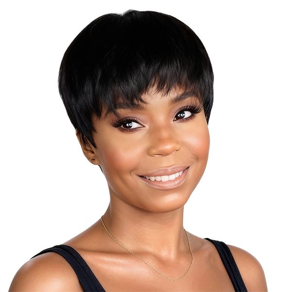 Glueless Straight Pixie Cut Wig with Bangs-Full Machine Made Wig Human Hair