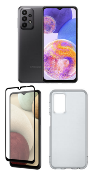 Samsung Galaxy A23 Black, Galaxy A23 Clear Case & Tempered Glass - Bundle