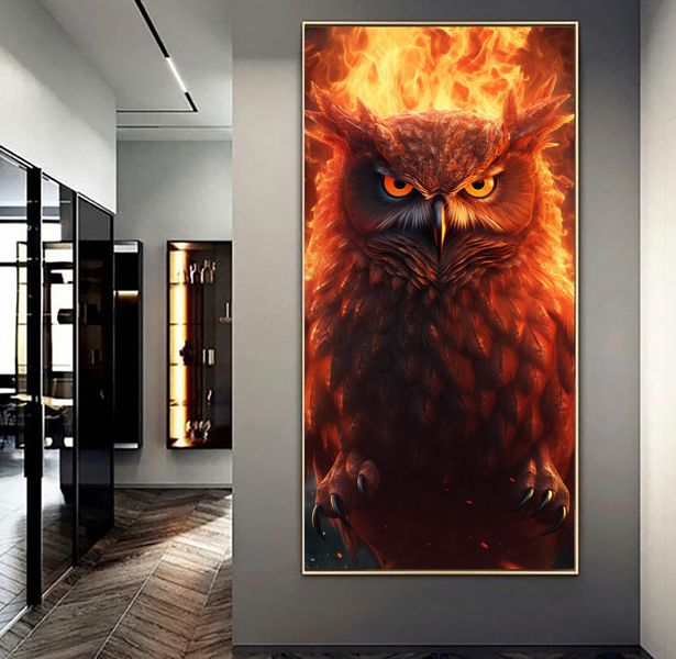 Canvas Wall Art - Owl With Fiery Furthers - 0804