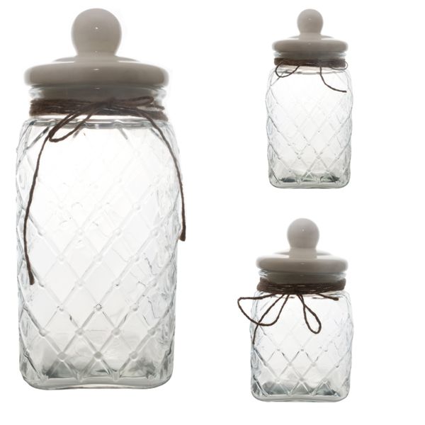 Jar 3 Piece Set Square Glass with Ceramic Lid