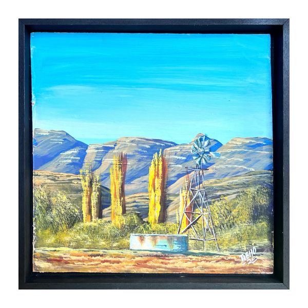 Original Landscape Painting - Windmill &amp; Mountain, 33x33cm, Framed &amp; Signed