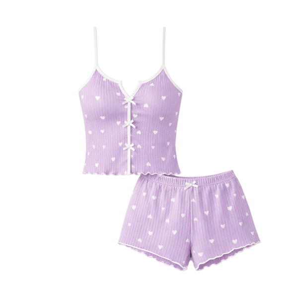 Two Piece Suspender Shorts Home Clothes Set - Purple