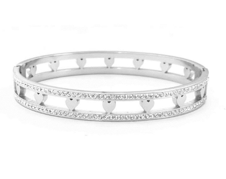 Stainless Steel Clip Open Bangle - Heart Detail And Zirconia Inserts