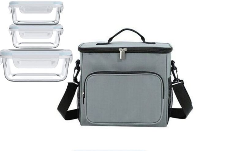 Transparent Rectangular 3 Lunch Box With Lunch Bag - Grey