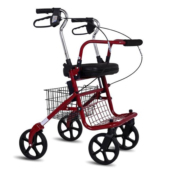 Foldable 4-Wheel Rollator Walker with Seat, Basket &amp; Footrest - Red