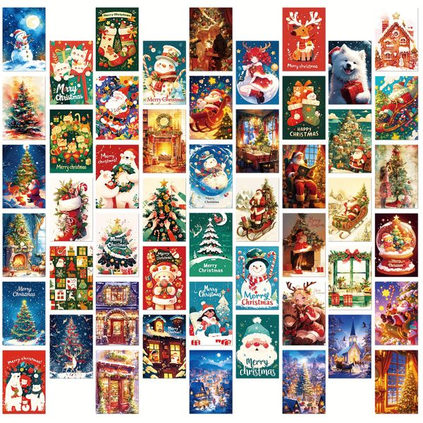 50 Merry Christmas Greeting Cards, Snowman Tree Santa