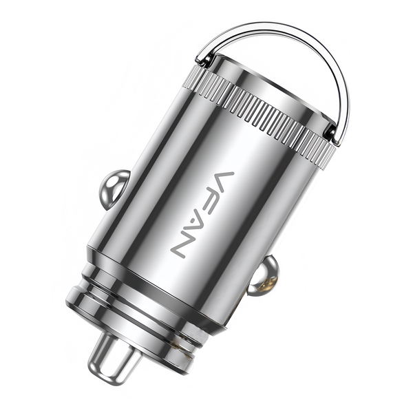 VFAN 30W Mini Fast Car Charger, Dual USB-C &amp; USB-A PD QC Charging - Silver