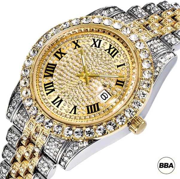 BBA-Men's Iced Out Hip Hop Diamond Watch with Date