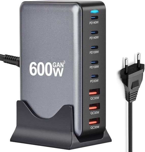 600W Fast USB-C GaN III Pro Charger Block, 8-Port Charging Station