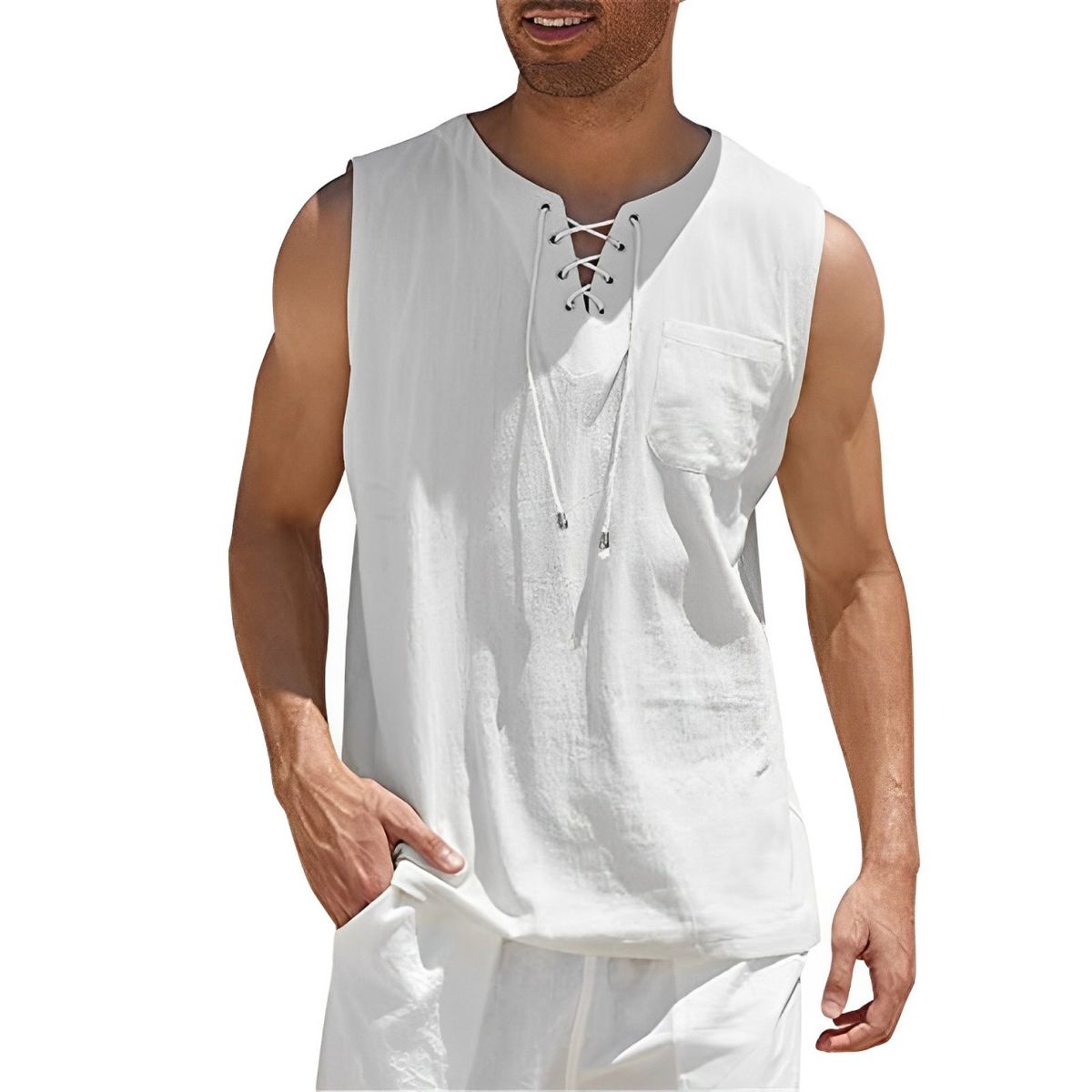 Men's Beach Sleeveless Shirts Tank Top Lace Up Cotton Linen Racer
