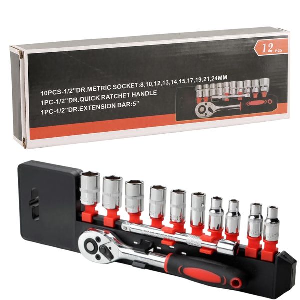 12-Pcs 1/2" Drive Ratchet Socket Set with Extension Bar