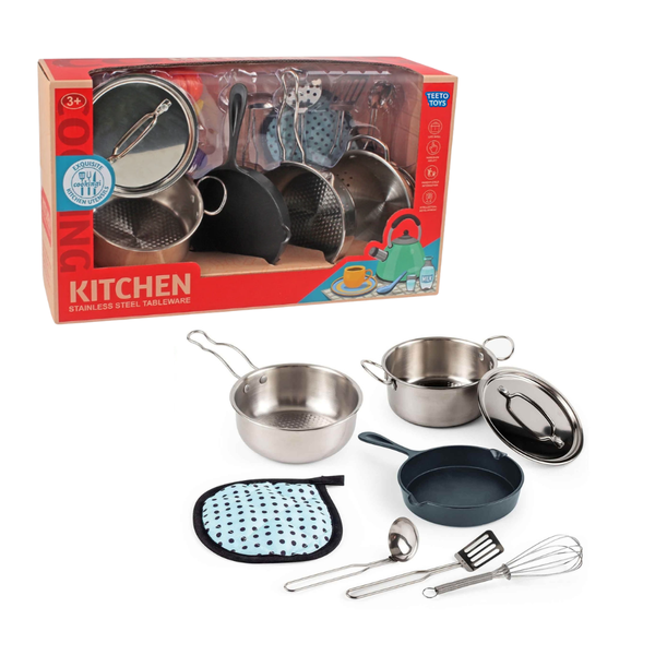 Stainless Steel Kitchen Cookware Playset - Pretend Play Toys for Kids