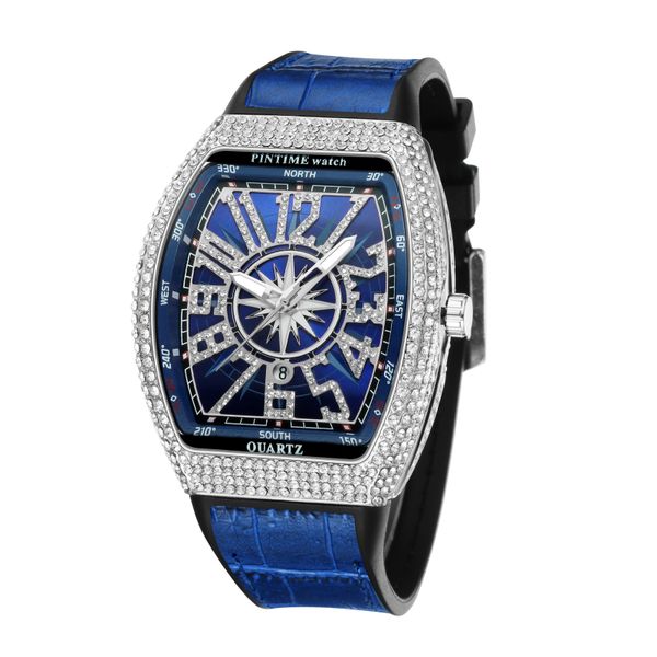Men Blue Leather Iced Out Analogue Watch