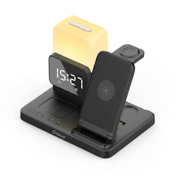 PEACHZ 6-in-1 Wireless Charging Station Dock with Clock &amp; LED Lamp