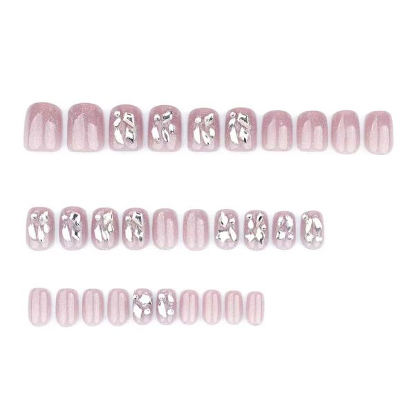 Solid Pink Rhinestone Short Nail Art Simple False Nails