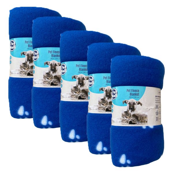 Pet Mall Pet Fleece Blanket Blue Paw Print (76 x 100cm) - 5 Pack