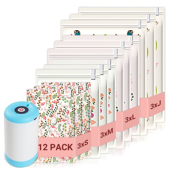 12-Pcs Vacuum Storage Bags with Wireless Electric Pump for Clothes Bedding
