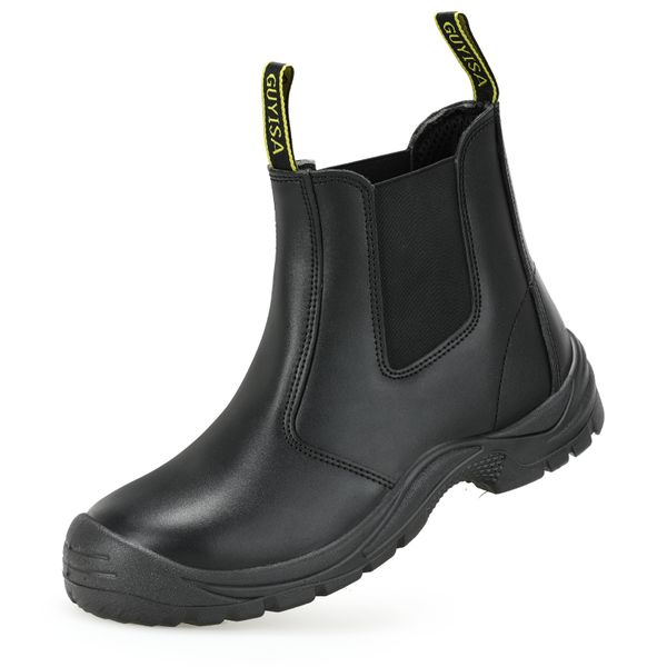 GUYISA Slip-On SteelToe Safety Boots, Black Leather ChelseaStyle Work Boots
