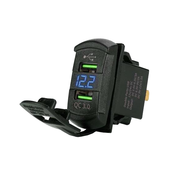 Dual USB Car Charger with Voltmeter QC3 - Blue LED
