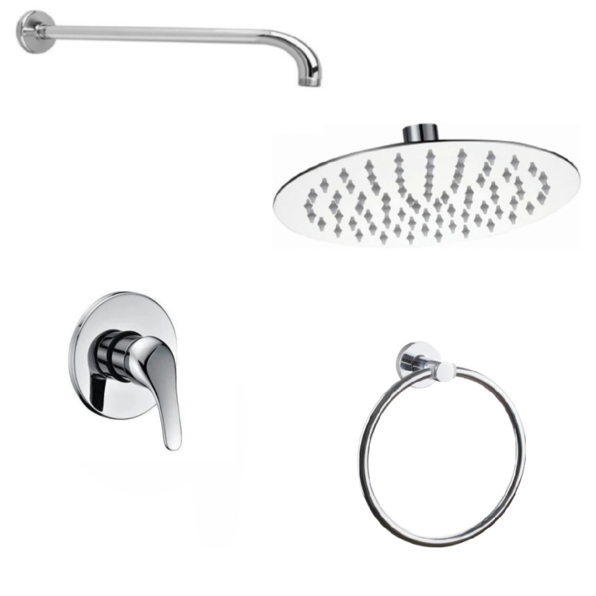 Shower Head Round 10 Inch With Silver Round Shower Mixer And Towel Ring