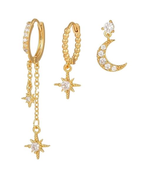 Gold Plated Star Moon Hoop Dangle Earrings Set, for Multiple Piercings - 3 Piece