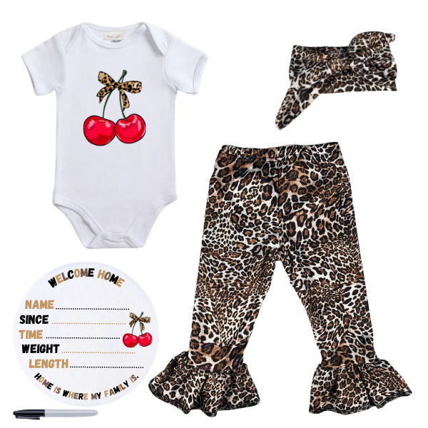 Newborn-Cherry Leopard Going Home Outfit &amp; Milestone board