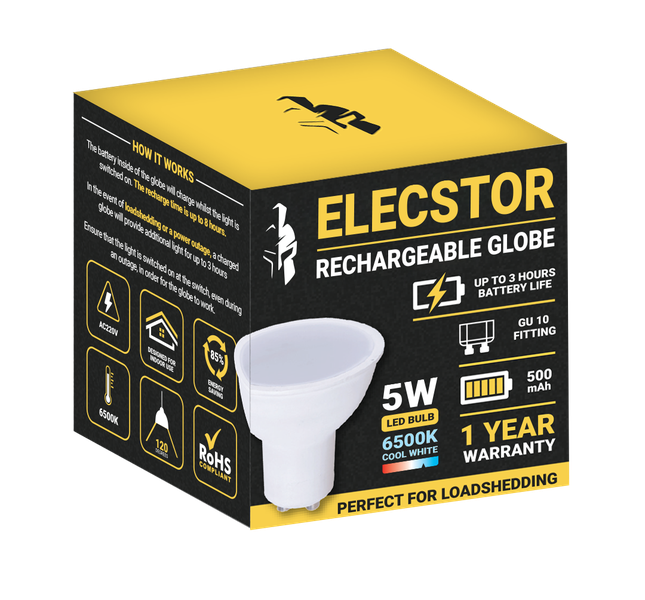 Elecstor 5W GU10 Rechargeable &amp; Dimmable Globe 600mah Cool White