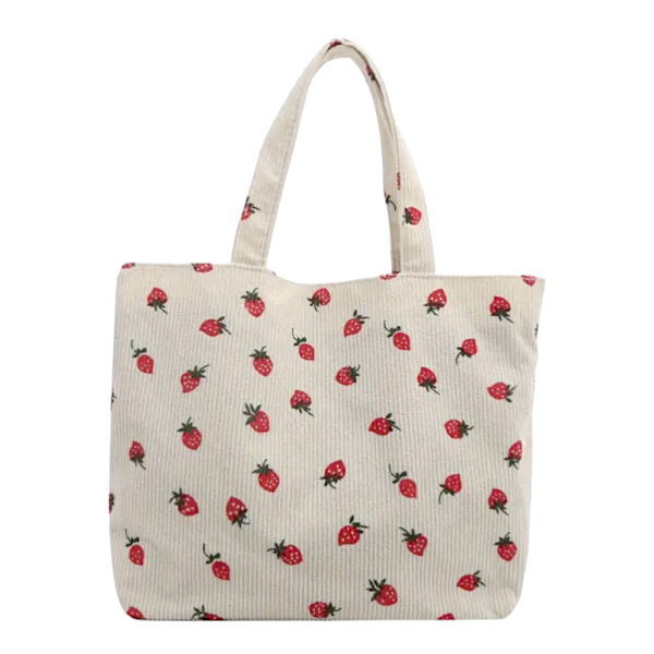 Large Corduroy Strawberry Printed Tote Bag - White