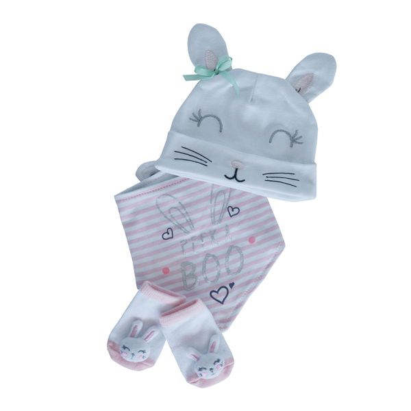 Snuggletime 3-Piece Gift Set - Hat, Bandana Bib and Socks - White / Pink