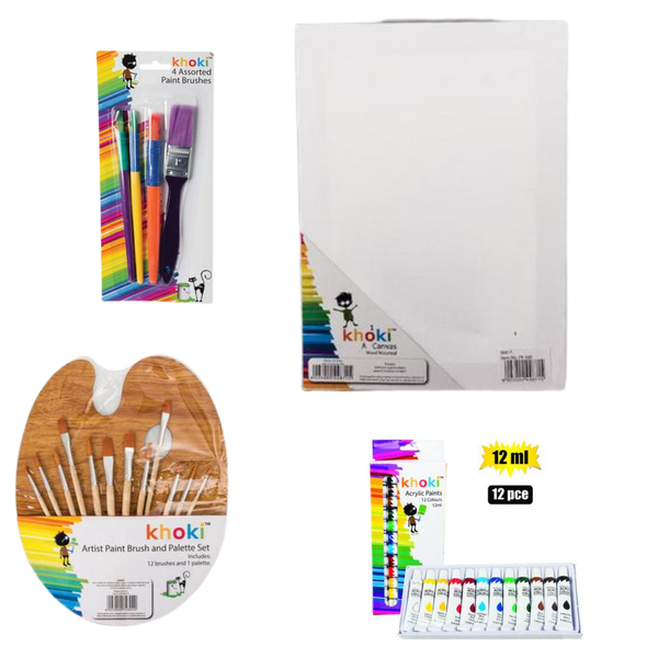 Art Kit Bundle - Wood Mounted Canvas, Palette, Paints &amp; Brushes
