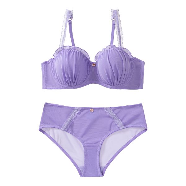 Lavender Ruched Mesh Push-Up Bra &amp; Brief Set - Elegant Ruffle Trim Lingerie