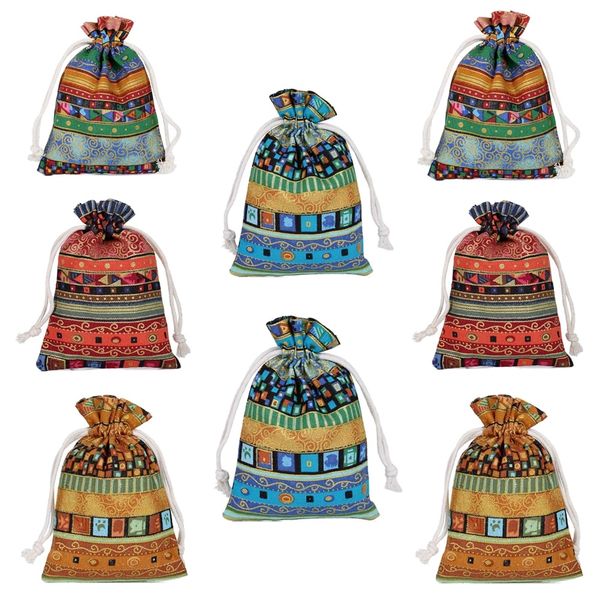 Decor Ethnic Art Linen Reusable Burlap Gift Bags With Drawstring 8pc-18cm