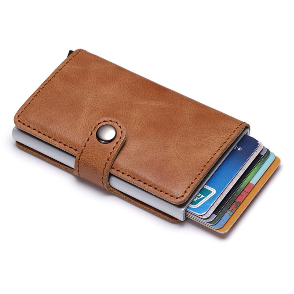 Real Genuine Leather RFID Blocking Pop-Up Credit Card Holder Wallet