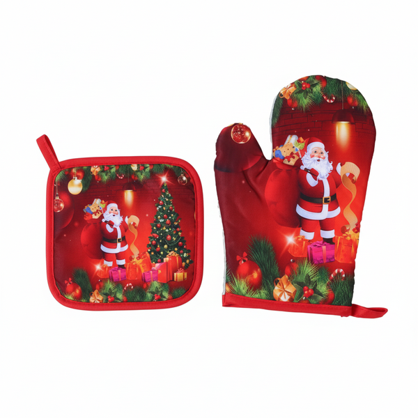 Santa Christmas Oven Mitt &amp; Pot Holder Set - Red - 2 Piece