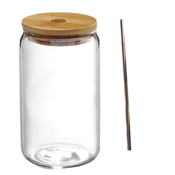 Water Bottle 500ml Glass With Bamboo Lid &amp; Straw