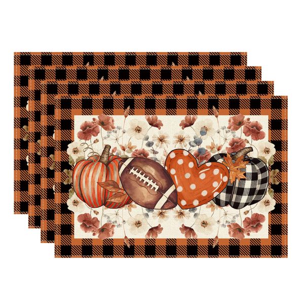 Fall Football Pumpkin Love Heart Flowers Plaid Placemats Set of 4