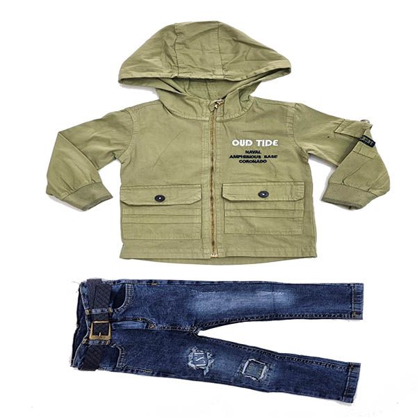Boys Blue Denim Jean and Green Cotton Jacket Set