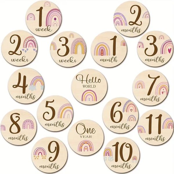 Rainbow (WOOD) baby milestone cards 16 double sided (32) shower gift boho