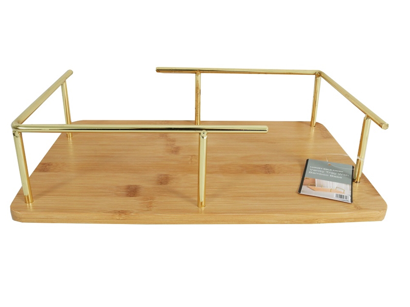 Bamboo Vanity Tray 1 Tier - With Gold Handle